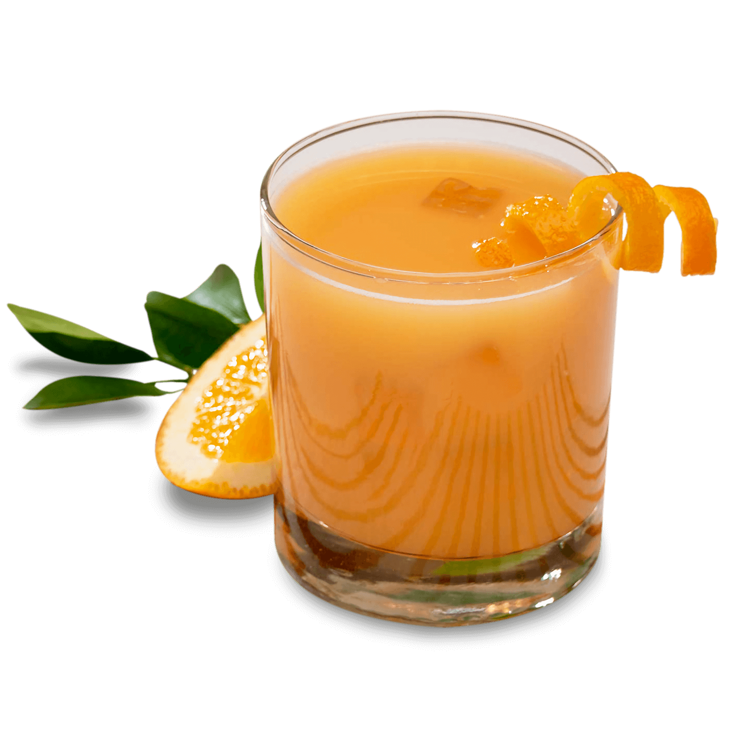 Refreshing orange juice in a glass, garnished with orange peels and served with a slice of orange.